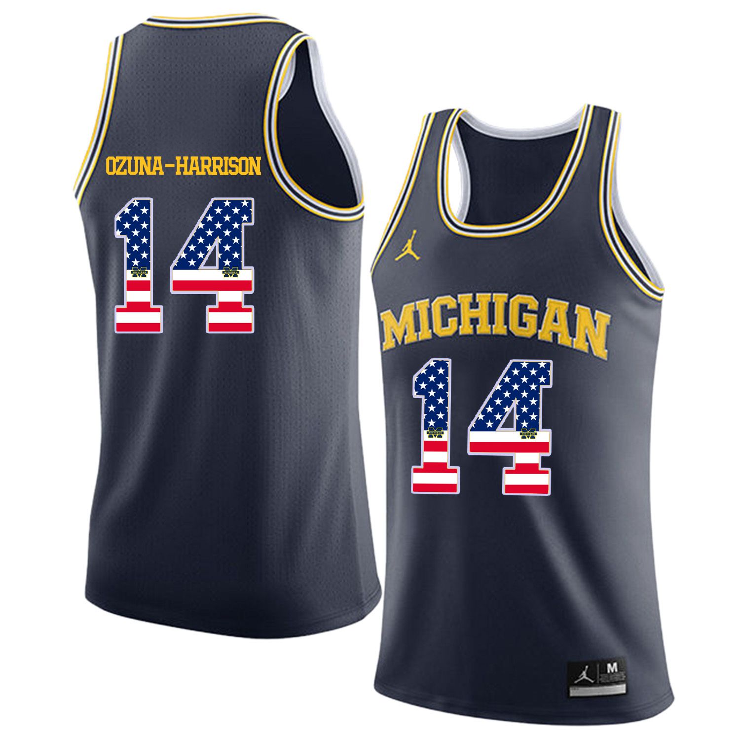 Men Jordan University of Michigan Basketball Navy #14 Ozuna-Harrison Flag Customized NCAA Jerseys->customized ncaa jersey->Custom Jersey